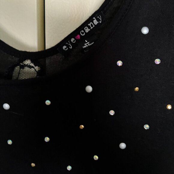 ‘Eye Candy’* Black Short Sleeve Beaded/Lace Unique Top Size Large - Picture 3 of 6